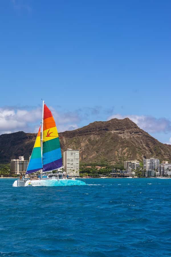 Board from Waikiki Beach for our Aloha Hour Sail - Getting There: Meet Behind the Duke Kahanamoku Statue